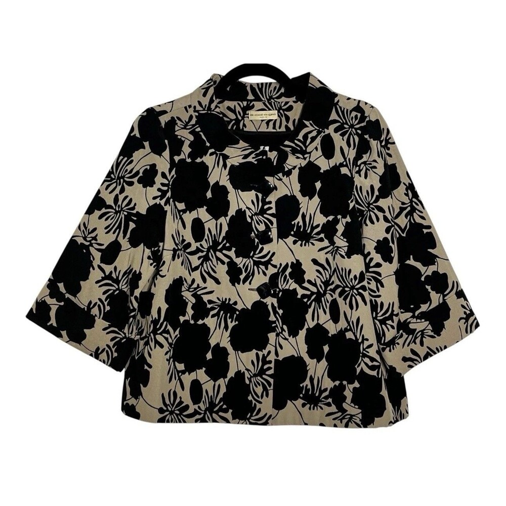 Ecologie Petite Tan Black Floral Button Front Cropped Jacket Blazer 3/4 Sleeve M